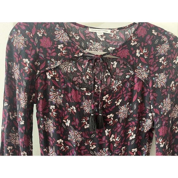 American Eagle Size XS Burgundy Floral Print Bell Sleeve Boho Dress - Picture 4 of 11